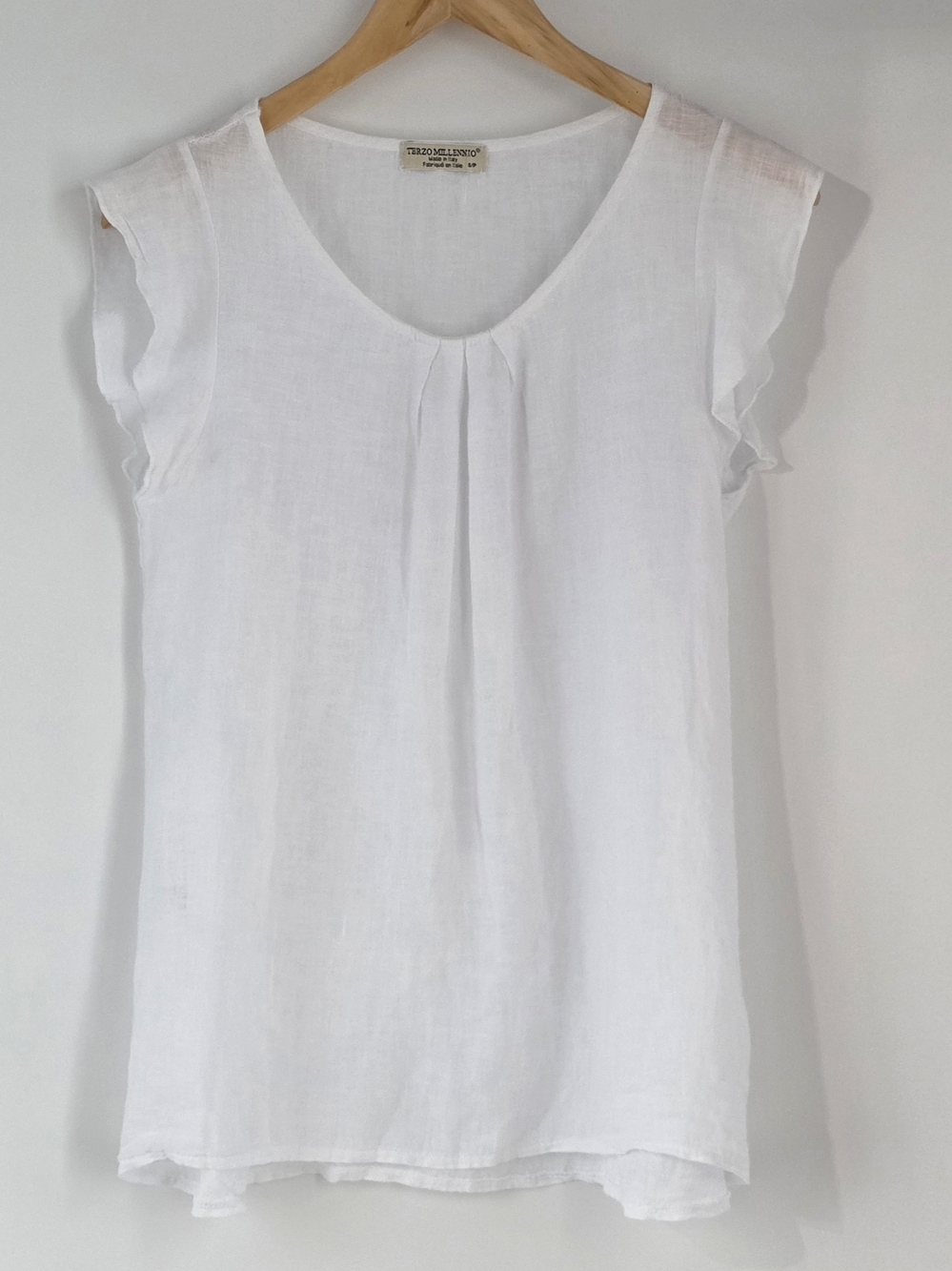 Terzo Millennio White Linen Rounded Neckline w/Flutter Cap Sleeves Size Small/P